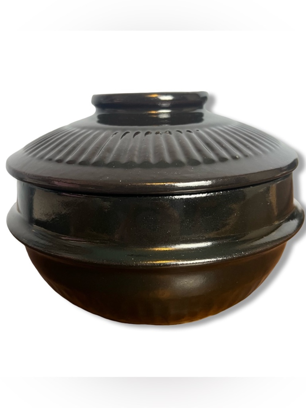 Vintage Korean Ttukbaegi Black Glazed Earthenware Lidded Stew Pot 70s 80s